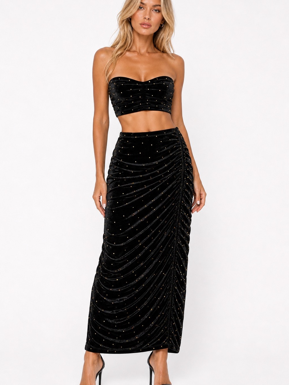 AKIRA Black Velvet Studded Two Piece Set NWT Size Sm. Ruched Skirt & Bandeau top
